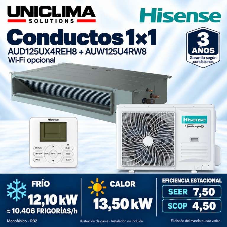 Conjunto de aire acondicionado por conductos Hisense AUD125UX4REH8 + AUW125U4RW8, 10.406 FRIGORÍAS/h — Uniclima