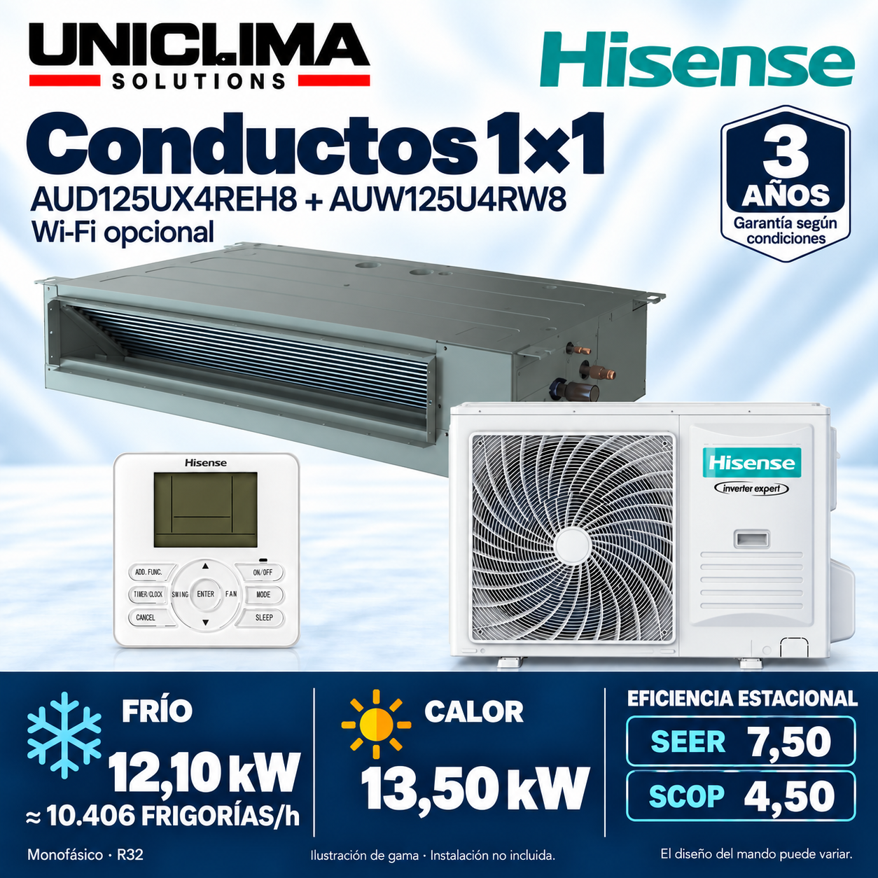Conjunto de aire acondicionado por conductos Hisense AUD125UX4REH8 + AUW125U4RW8, 10.406 FRIGORÍAS/h — Uniclima