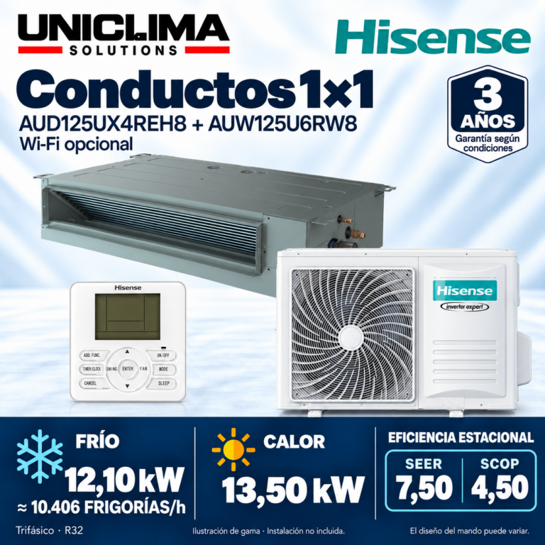 Conjunto de aire acondicionado por conductos Hisense AUD125UX4REH8 + AUW125U6RW8, 10.406 FRIGORÍAS/h — Uniclima