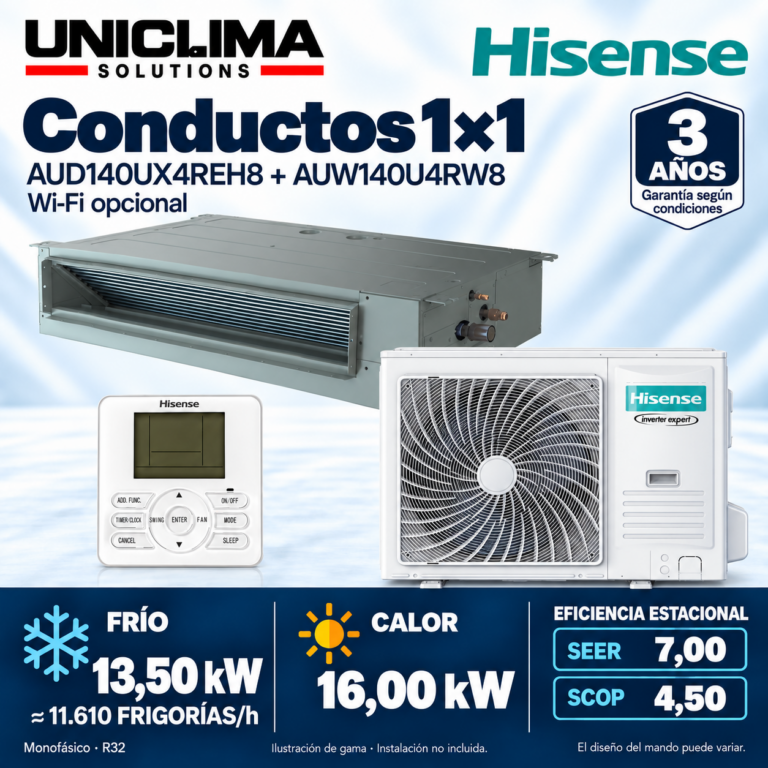 Conjunto de aire acondicionado por conductos Hisense AUD140UX4REH8 + AUW140U4RW8, 11.610 FRIGORÍAS/h — Uniclima