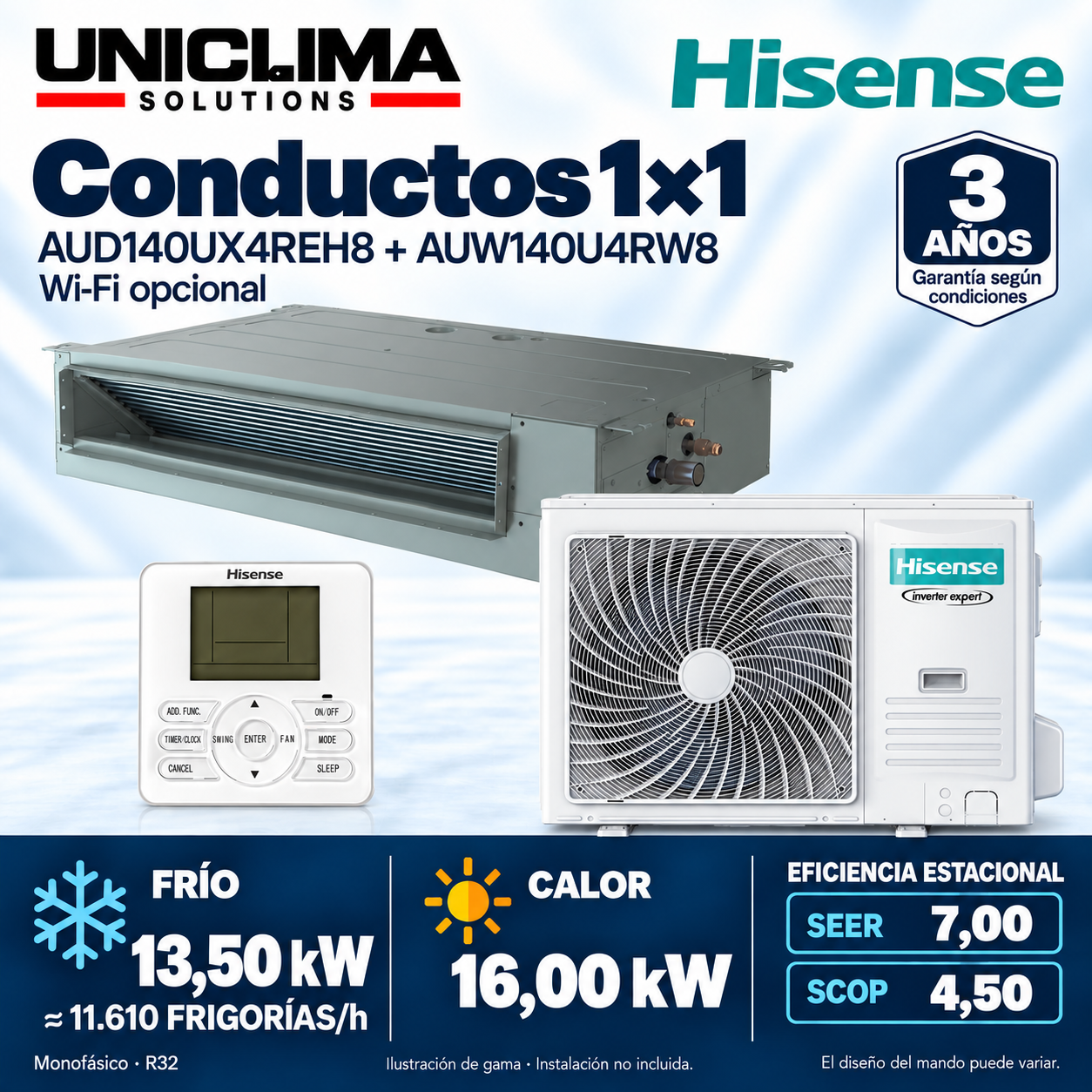 Conjunto de aire acondicionado por conductos Hisense AUD140UX4REH8 + AUW140U4RW8, 11.610 FRIGORÍAS/h — Uniclima