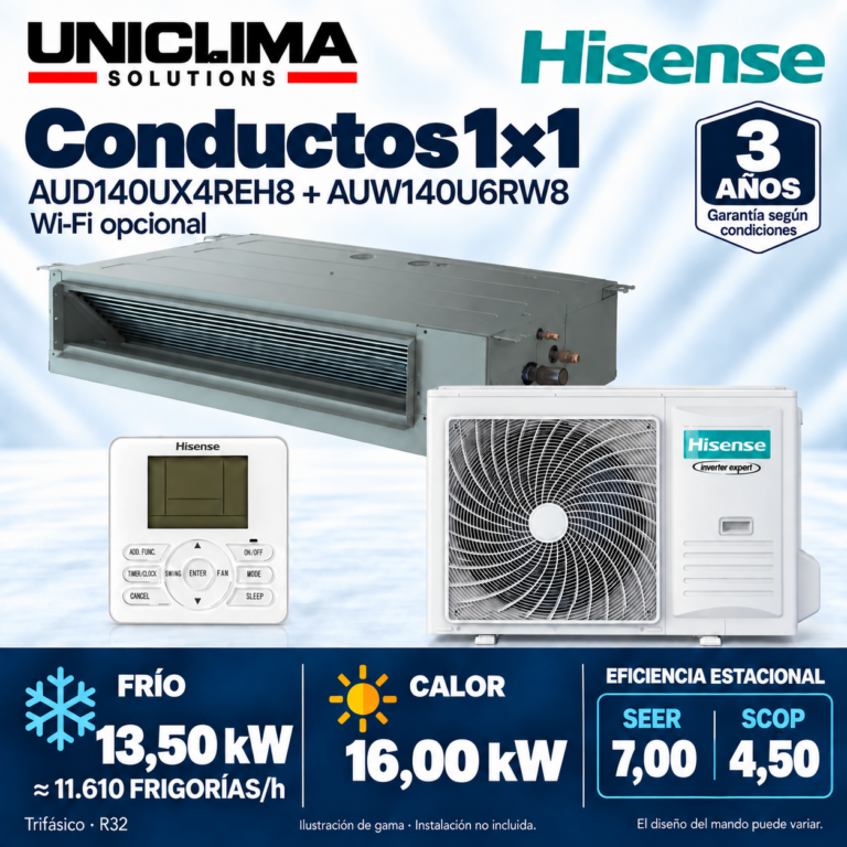 Conjunto de aire acondicionado por conductos Hisense AUD140UX4REH8 + AUW140U6RW8, 11.610 FRIGORÍAS/h — Uniclima