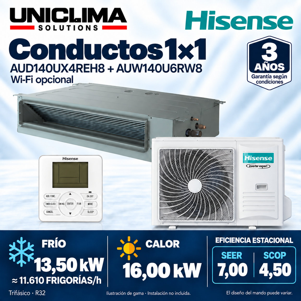 Conjunto de aire acondicionado por conductos Hisense AUD140UX4REH8 + AUW140U6RW8, 11.610 FRIGORÍAS/h — Uniclima