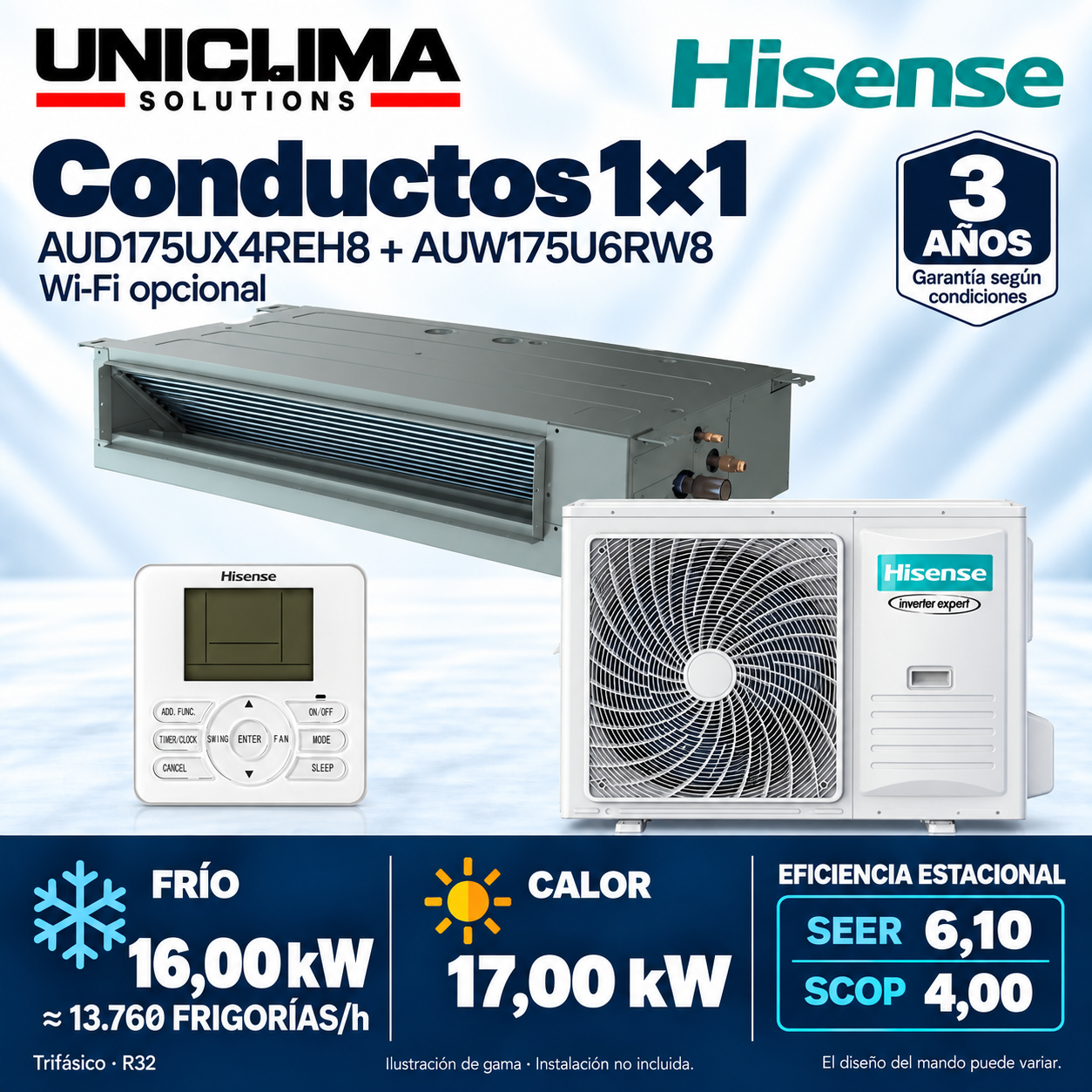 Conjunto de aire acondicionado por conductos Hisense AUD175UX4REH8 + AUW175U6RW8, 13.760 FRIGORÍAS/h — Uniclima