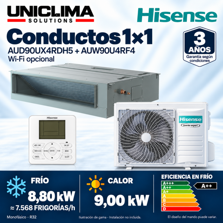 Conjunto de aire acondicionado por conductos Hisense AUD90UX4RDH5 y AUW90U4RF4, 7.568 FRIGORÍAS/h — Uniclima