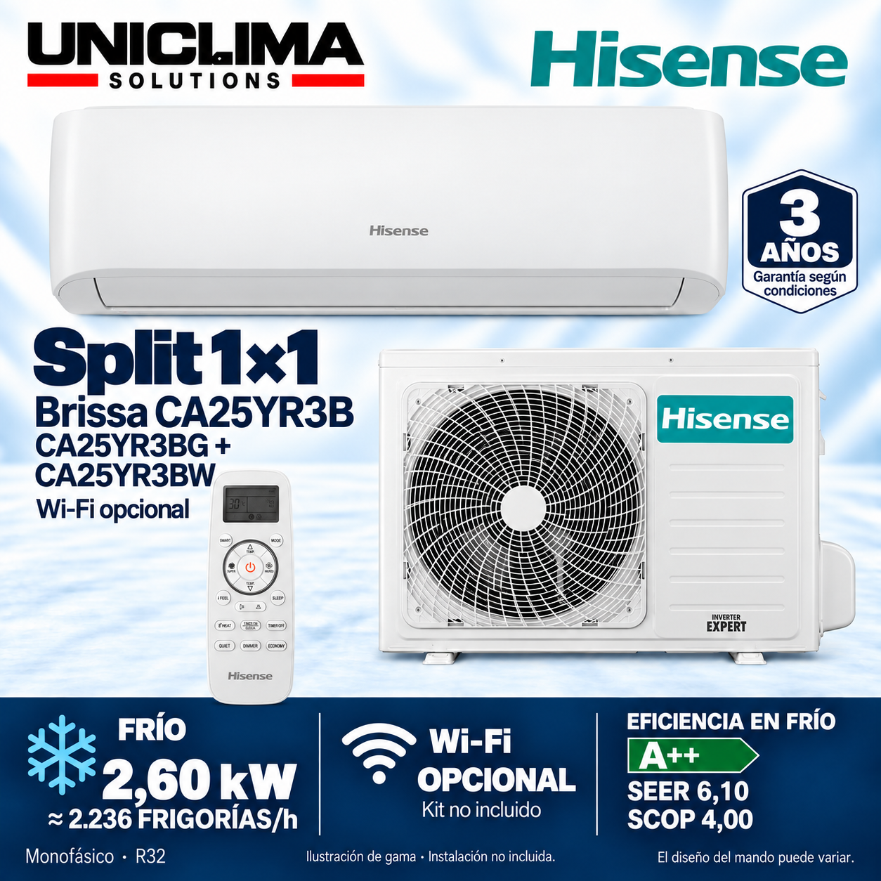 Conjunto Hisense Brissa CA25YR3B, 2.236 FRIGORÍE/h, illustrazione di gamma — Uniclima