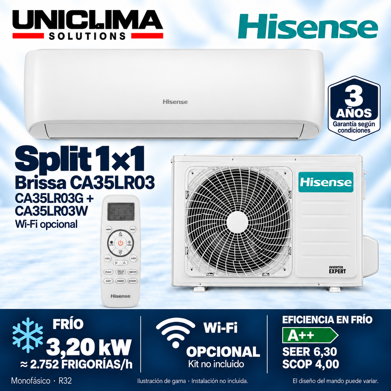 Conjunto Hisense Brissa CA35LR03, 2.752 FRIGORÍAS/h, illustrazione di gamma — Uniclima