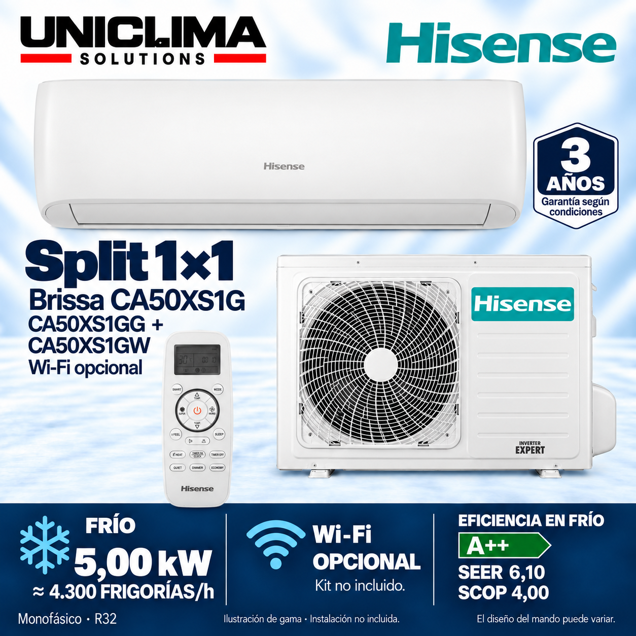 Conjunto Hisense Brissa CA50XS1G, 4.300 FRIGORIE/h, illustrazione di gamma — Uniclima