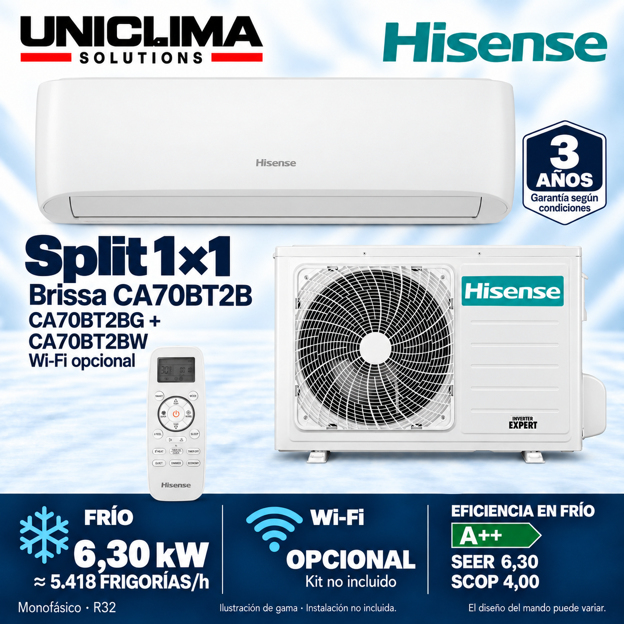 Conjunto Hisense Brissa CA70BT2B, 5.418 FRIGORÍAS/h, illustrazione di gamma — Uniclima