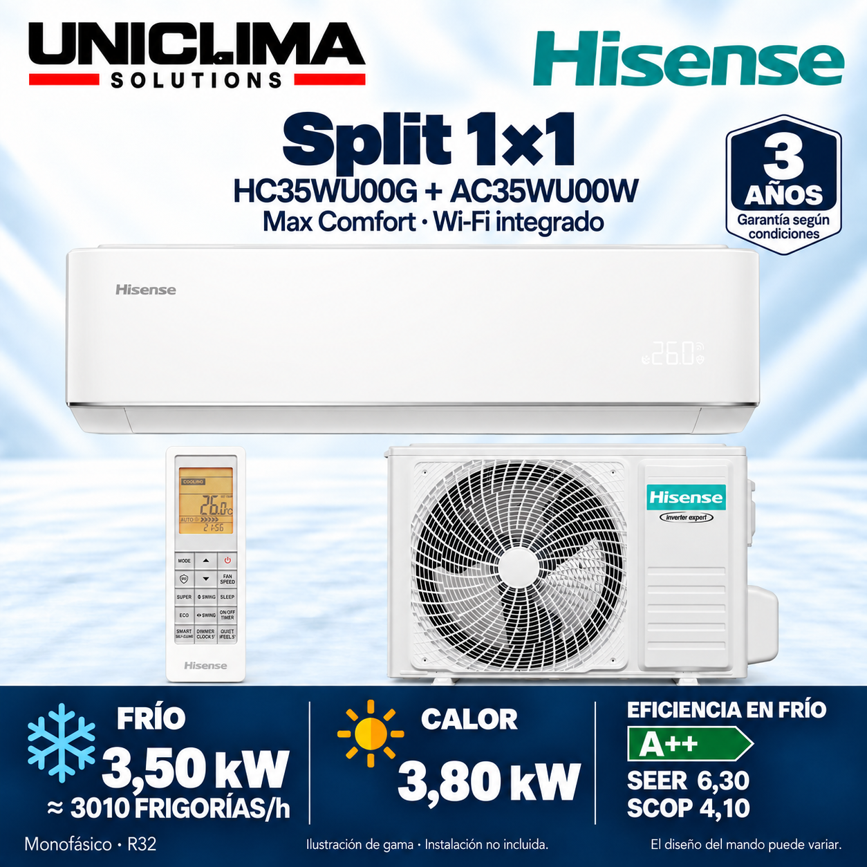 Hisense Max Comfort HC35WU00G + AC35WU00W, 3.010 KÜHLLEISTUNG/h — Uniclima