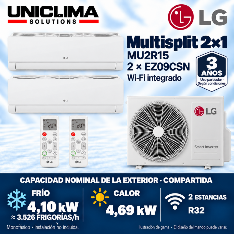 Multisplit-System 2x1 LG MU2R15 + 2 × EZ09CSN, gemeinsame Leistung 3.526 FRIGORÍEN/h — Uniclima