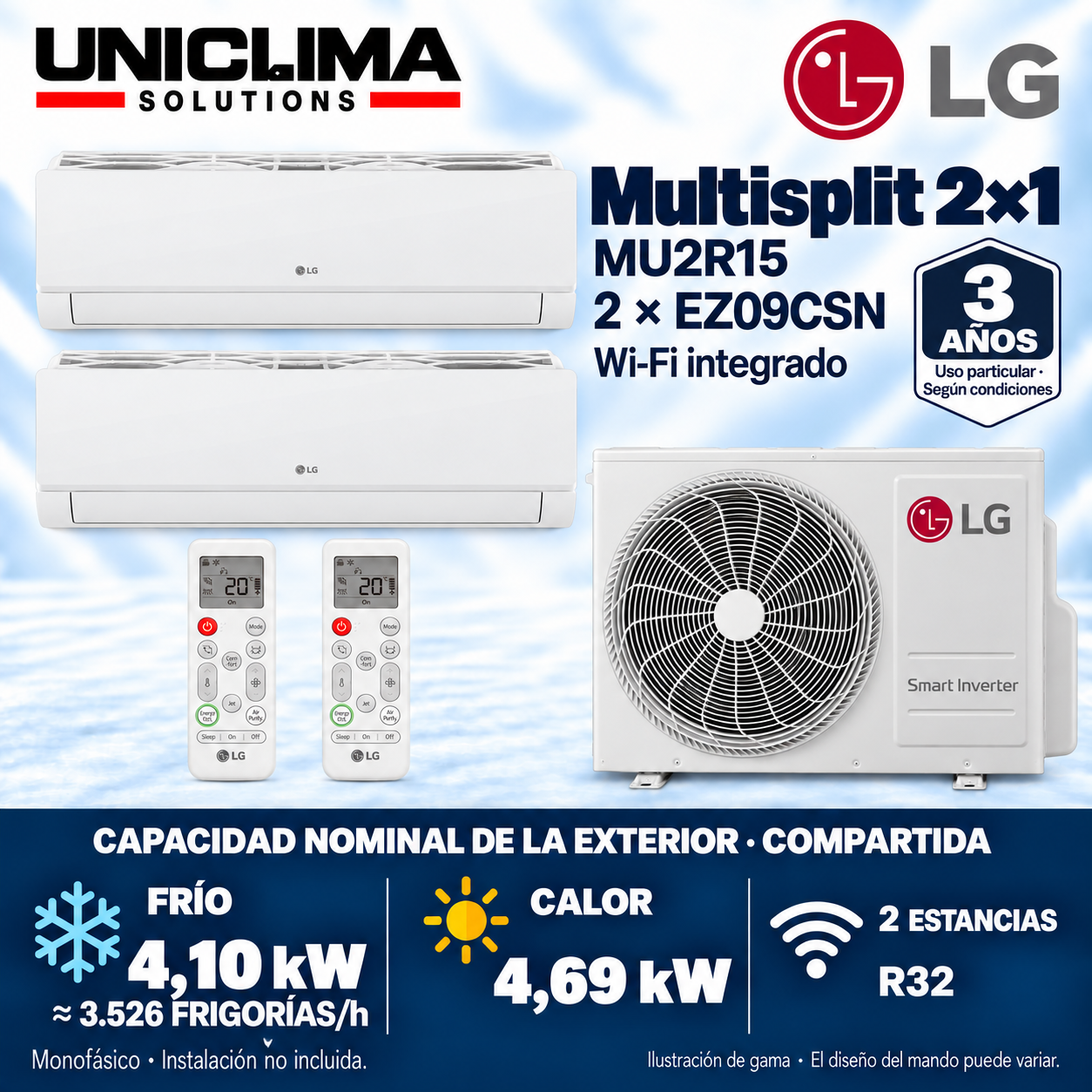 Conjunto multisplit 2x1 LG MU2R15 + 2 × EZ09CSN, capacità condivisa 3.526 FRIGORÍE/h — Uniclima