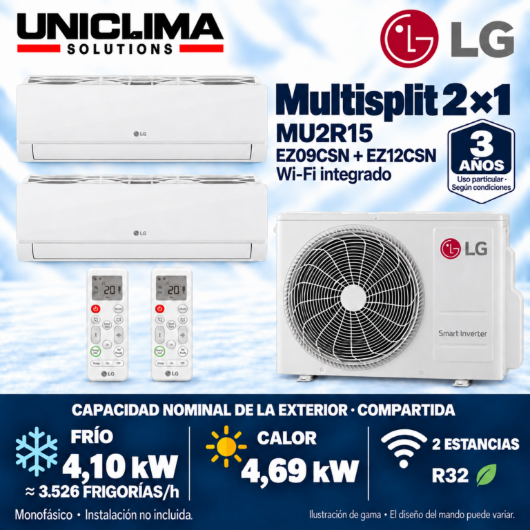 Multisplit-System 2x1 LG MU2R15 + EZ09CSN + EZ12CSN, gemeinsame Kapazität 3.526 FRIGORIEN/h — Uniclima