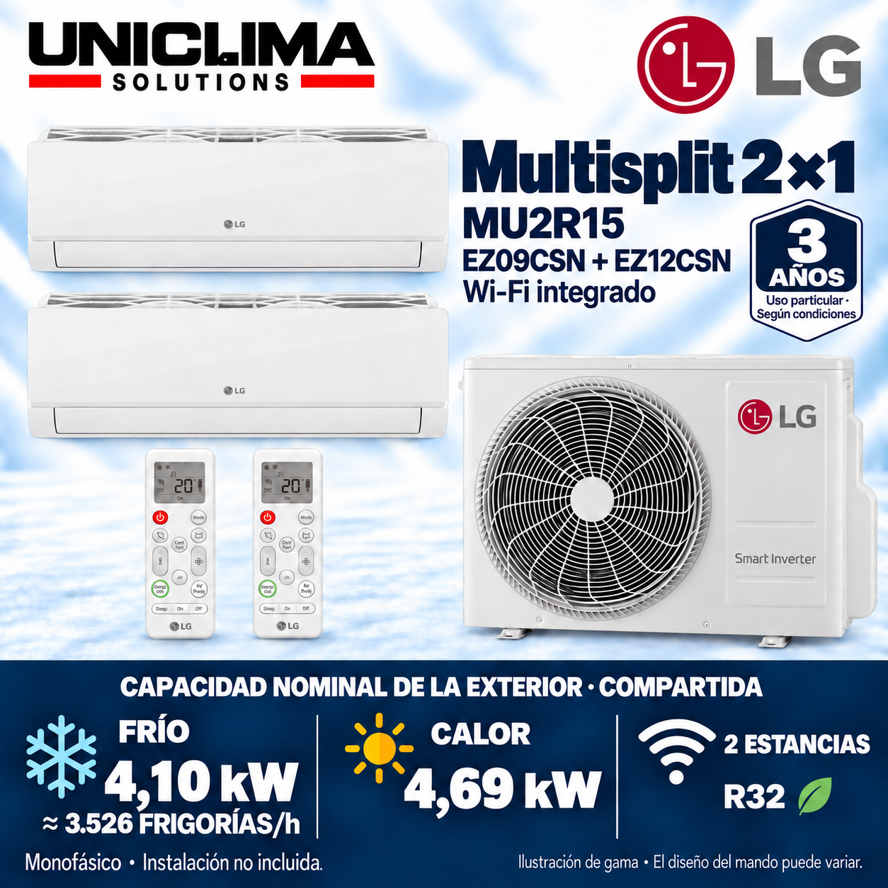 Multisplit-System 2x1 LG MU2R15 + EZ09CSN + EZ12CSN, gemeinsame Kapazität 3.526 FRIGORIEN/h — Uniclima