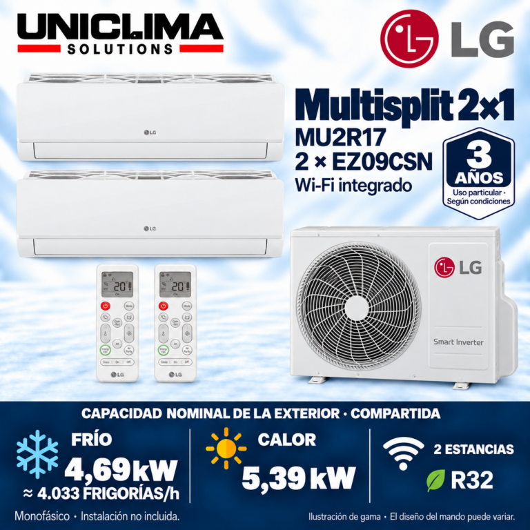 Multisplit-System 2x1 LG MU2R17 + 2 × EZ09CSN, gemeinsame Kapazität 4.033 FRIGORIEN/h — Uniclima
