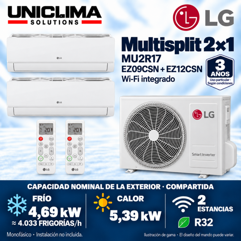 Multisplit-System 2x1 LG MU2R17 + EZ09CSN + EZ12CSN, gemeinsame Kapazität 4.033 FRIGORIEN/h — Uniclima