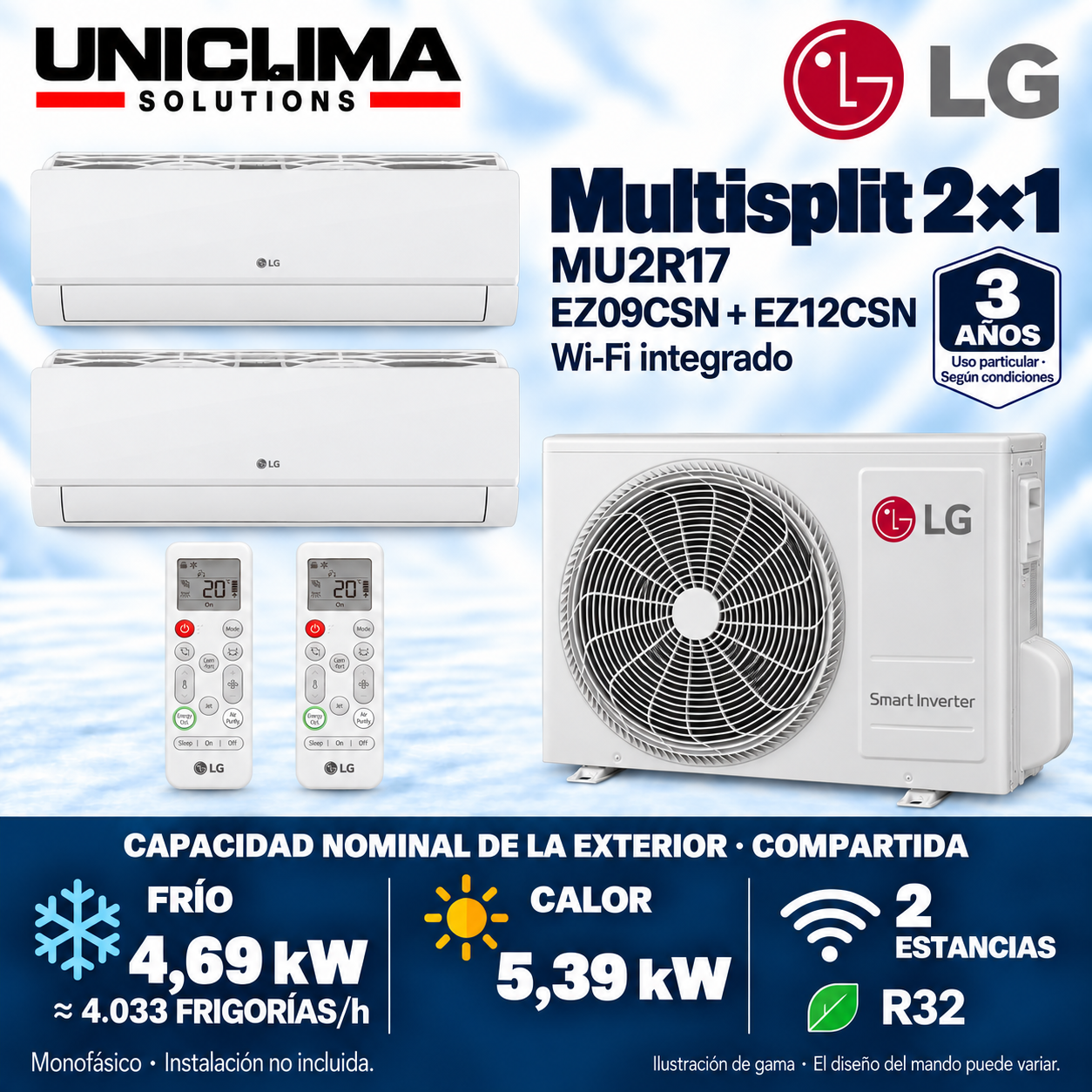 Multisplit-System 2x1 LG MU2R17 + EZ09CSN + EZ12CSN, gemeinsame Kapazität 4.033 FRIGORIEN/h — Uniclima