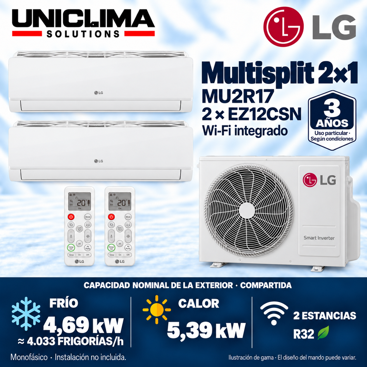 Multisplit-System 2x1 LG MU2R17 + 2 × EZ12CSN, gemeinsame Kapazität 4.033 FRIGORÍEN/h — Uniclima