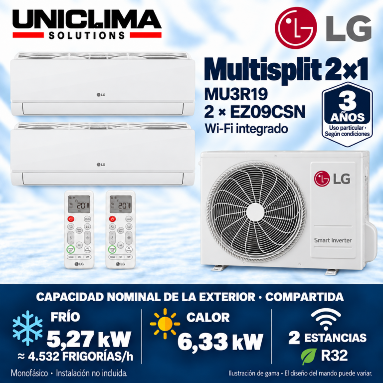 Multisplit-System 2x1 LG MU3R19 + 2 × EZ09CSN, gemeinsame Kapazität 4.532 FRIGORÍEN/h — Uniclima