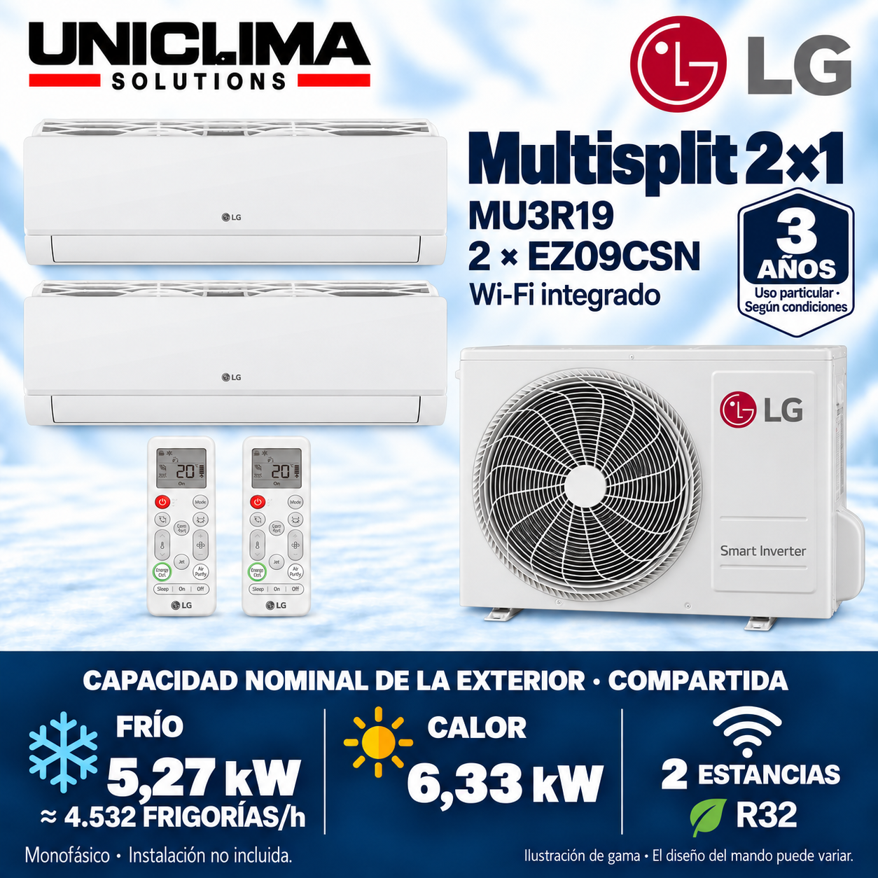 Multisplit-System 2x1 LG MU3R19 + 2 × EZ09CSN, gemeinsame Kapazität 4.532 FRIGORÍEN/h — Uniclima
