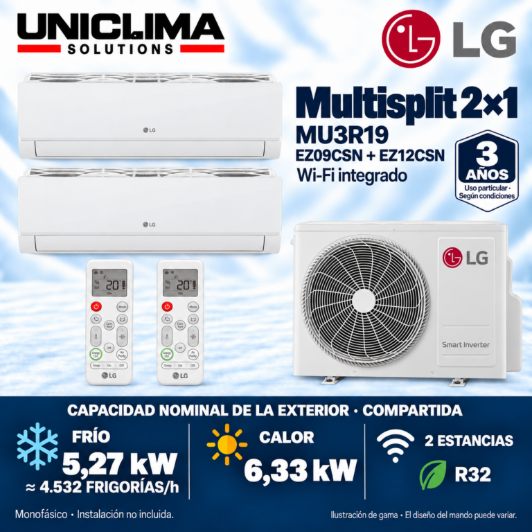 Multisplit-System 2x1 LG MU3R19 + EZ09CSN + EZ12CSN, gemeinsame Kapazität 4.532 FRIGORÍEN/h — Uniclima