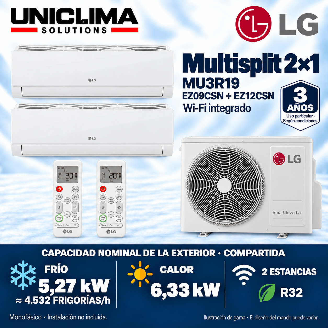 Multisplit-System 2x1 LG MU3R19 + EZ09CSN + EZ12CSN, gemeinsame Kapazität 4.532 FRIGORÍEN/h — Uniclima