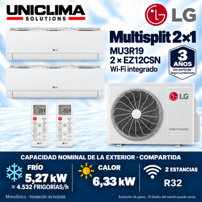 Multisplit-System 2x1 LG MU3R19 + 2 × EZ12CSN, gemeinsame Kapazität 4.532 FRIGORIEN/h — Uniclima