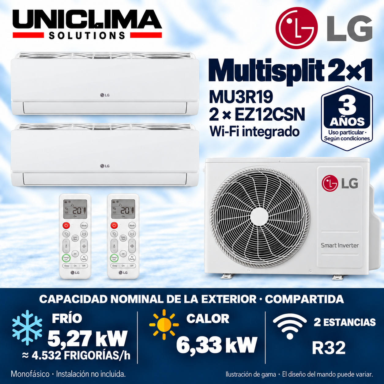 Conjunto multisplit 2x1 LG MU3R19 + 2 × EZ12CSN, capacità condivisa 4.532 FRIGORIE/h — Uniclima
