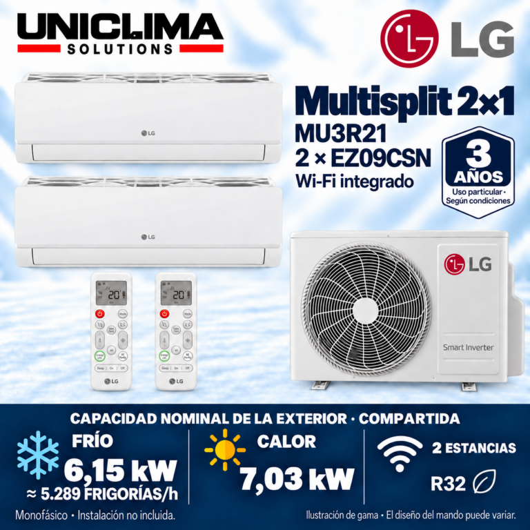 Multisplit-System 2x1 LG MU3R21 + 2 × EZ09CSN, gemeinsame Kapazität 5.289 FRIGORÍEN/h — Uniclima