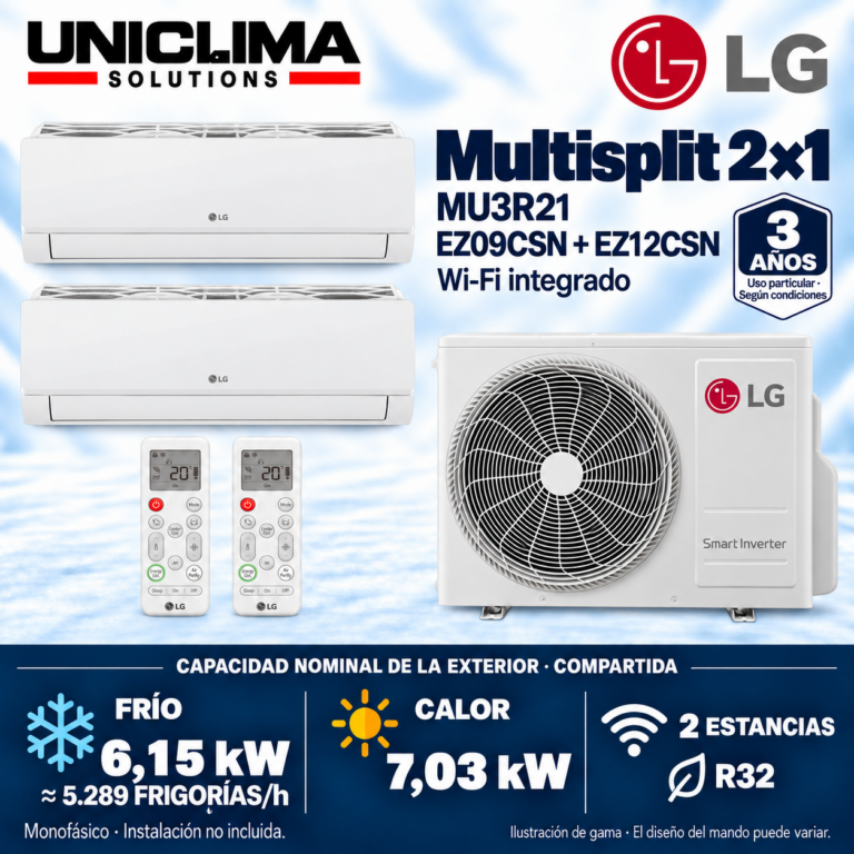 Multisplit-System 2x1 LG MU3R21 + EZ09CSN + EZ12CSN, gemeinsame Kapazität 5.289 KÜHLEN/h — Uniclima