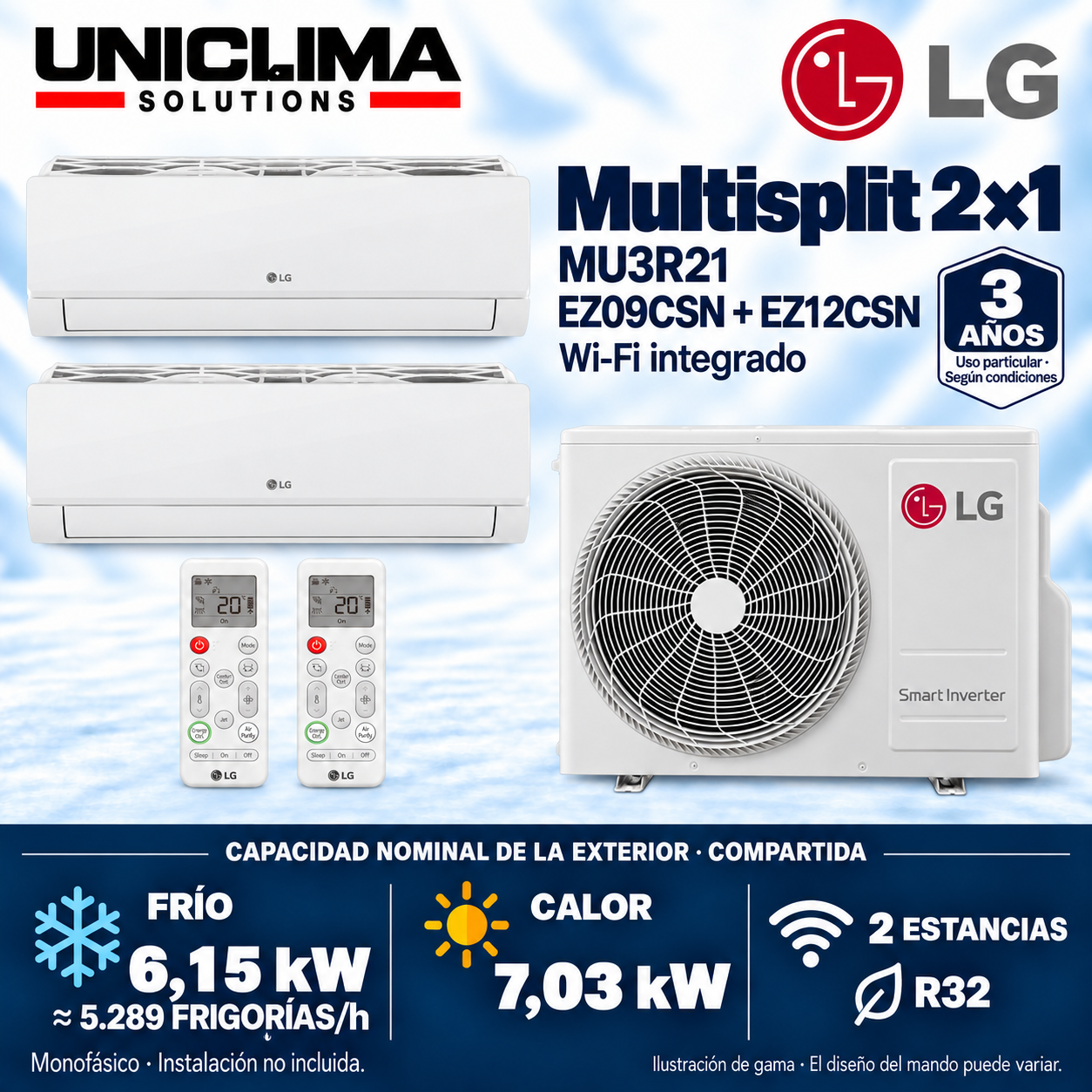 Conjunto multisplit 2x1 LG MU3R21 + EZ09CSN + EZ12CSN, capacità condivisa 5.289 FRIGORÍAS/h — Uniclima
