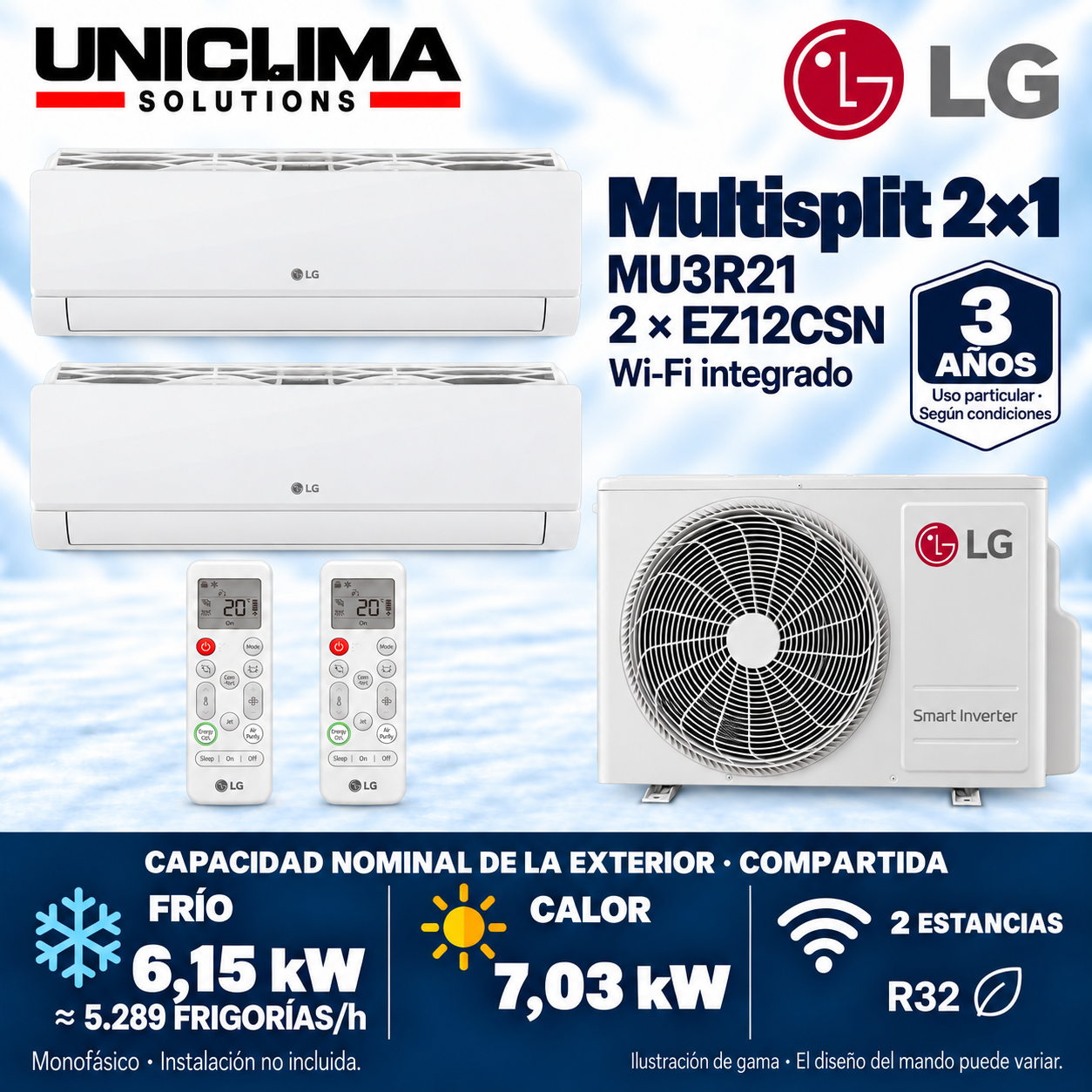 Conjunto multisplit 2x1 LG MU3R21 + 2 × EZ12CSN, capacità condivisa 5.289 FRIGORIE/h — Uniclima