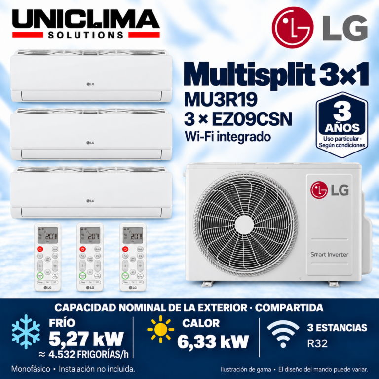 Multisplit-System 3x1 LG MU3R19 + 3 × EZ09CSN, gemeinsame Kapazität 4.532 FRIGORIEN/h — Uniclima