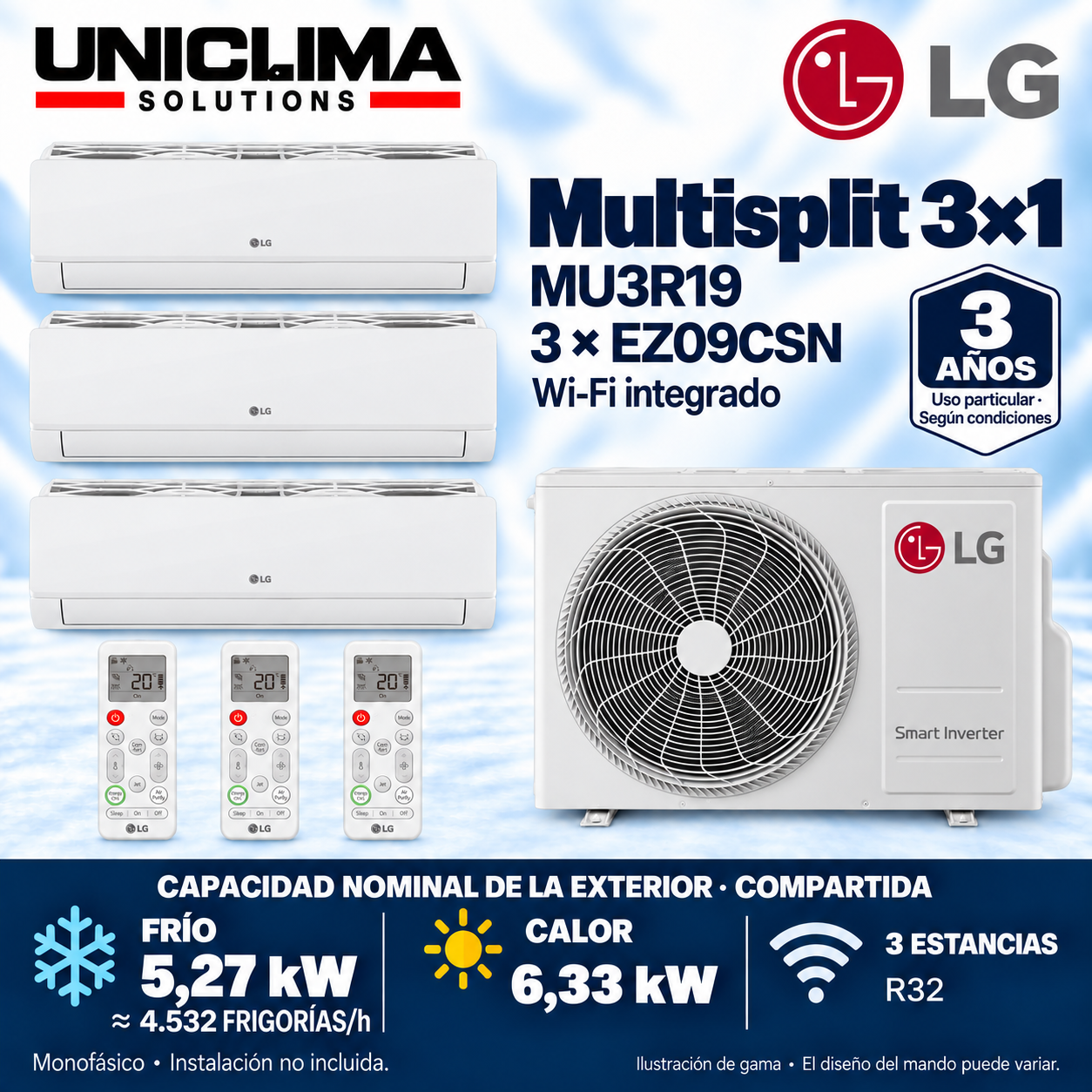 Multisplit-System 3x1 LG MU3R19 + 3 × EZ09CSN, gemeinsame Kapazität 4.532 FRIGORIEN/h — Uniclima