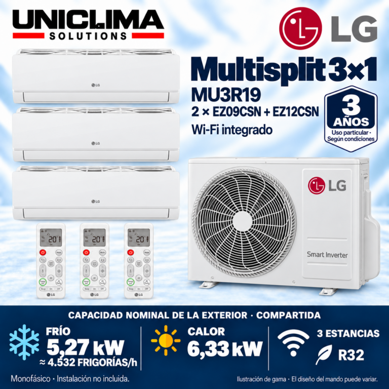 Multisplit-System 3x1 LG MU3R19 + 2 × EZ09CSN + EZ12CSN, gemeinsame Leistung 4.532 FRIGORIEN/h — Uniclima