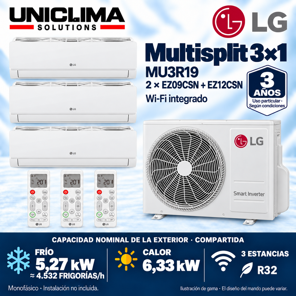 Multisplit-System 3x1 LG MU3R19 + 2 × EZ09CSN + EZ12CSN, gemeinsame Leistung 4.532 FRIGORIEN/h — Uniclima