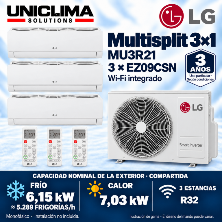 Multisplit-System 3x1 LG MU3R21 + 3 × EZ09CSN, gemeinsame Kapazität 5.289 FRIGORÍEN/h — Uniclima