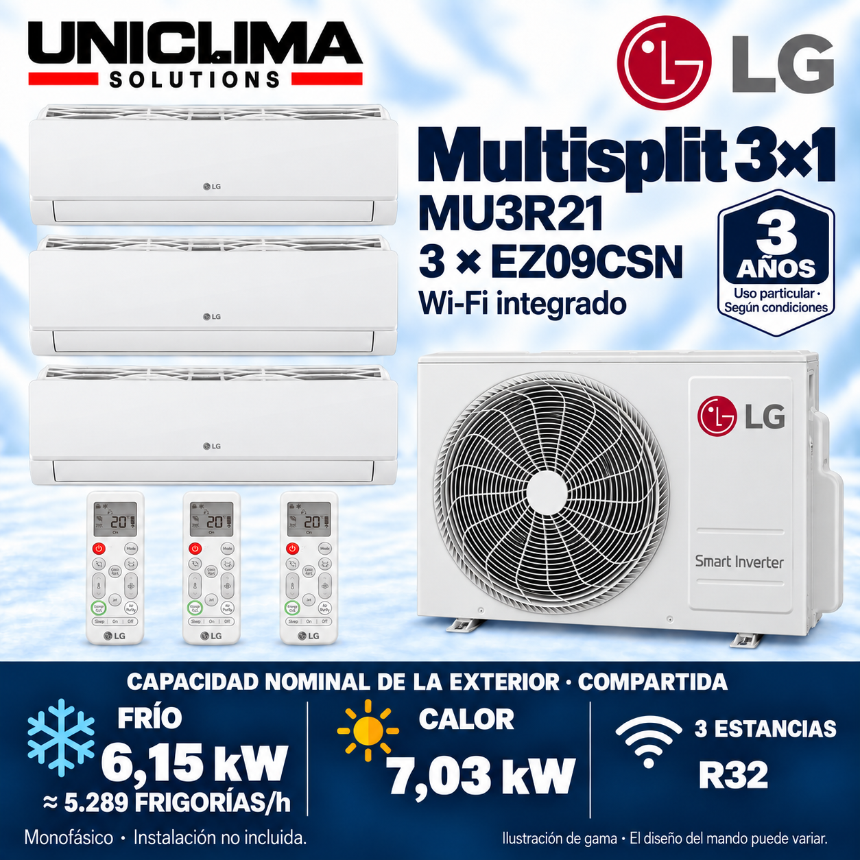 Multisplit-System 3x1 LG MU3R21 + 3 × EZ09CSN, gemeinsame Kapazität 5.289 FRIGORÍEN/h — Uniclima