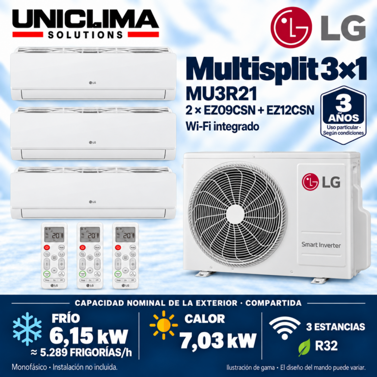 Multisplit-System 3x1 LG MU3R21 + 2 × EZ09CSN + EZ12CSN, gemeinsame Leistung 5.289 KÜHLEN/h — Uniclima