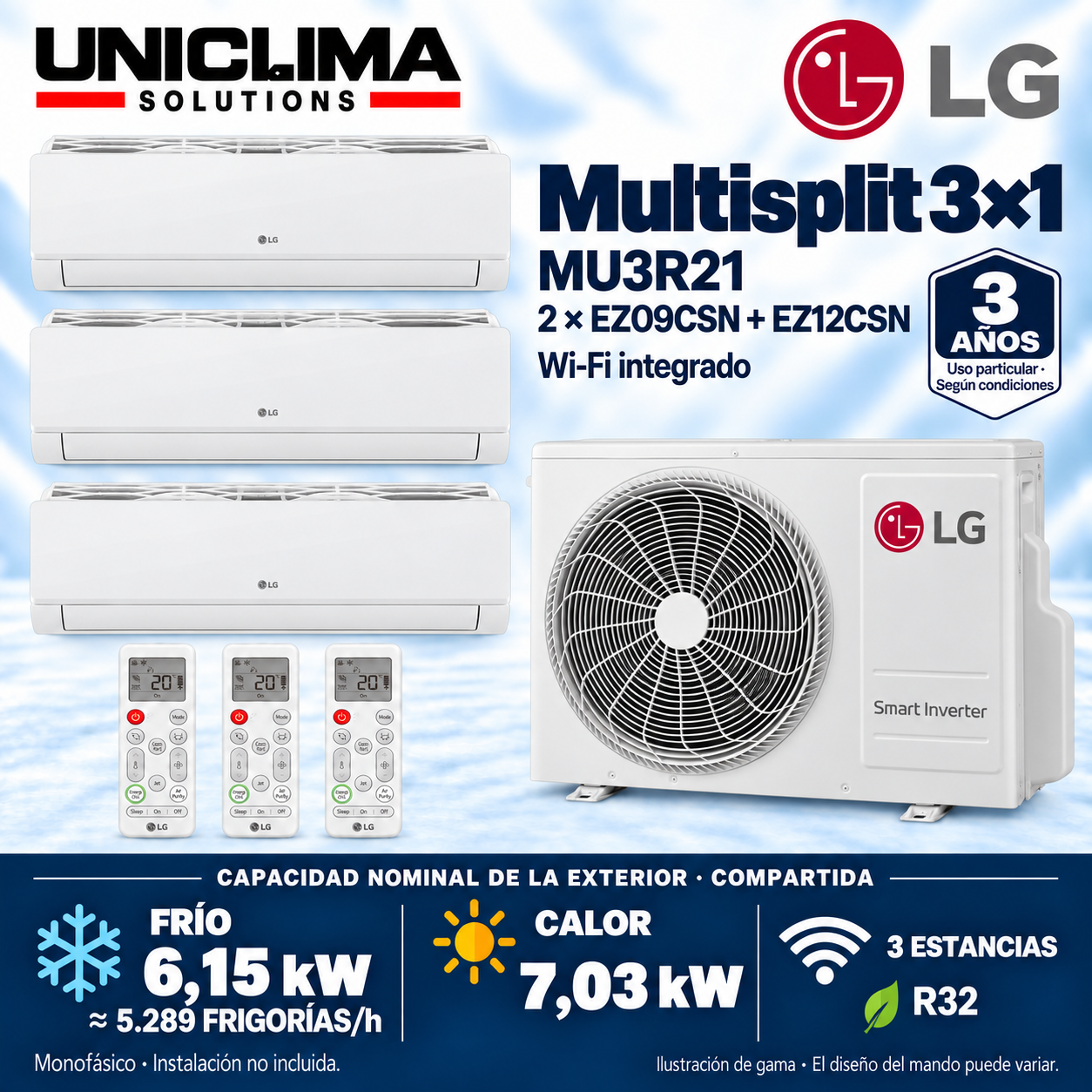 Multisplit-System 3x1 LG MU3R21 + 2 × EZ09CSN + EZ12CSN, gemeinsame Leistung 5.289 KÜHLEN/h — Uniclima