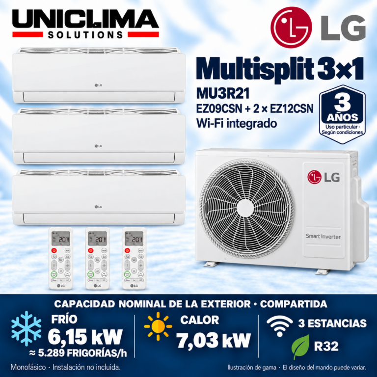 Multisplit-System 3x1 LG MU3R21 + EZ09CSN + 2 × EZ12CSN, gemeinsame Kapazität 5.289 FRIGORIEN/h — Uniclima
