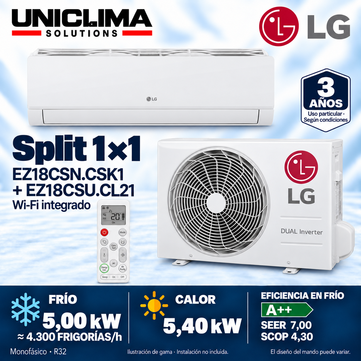 Conjunto LG EZ18CSN.CSK1 + EZ18CSU.CL21, 4.300 FRIGORIE/h — Uniclima