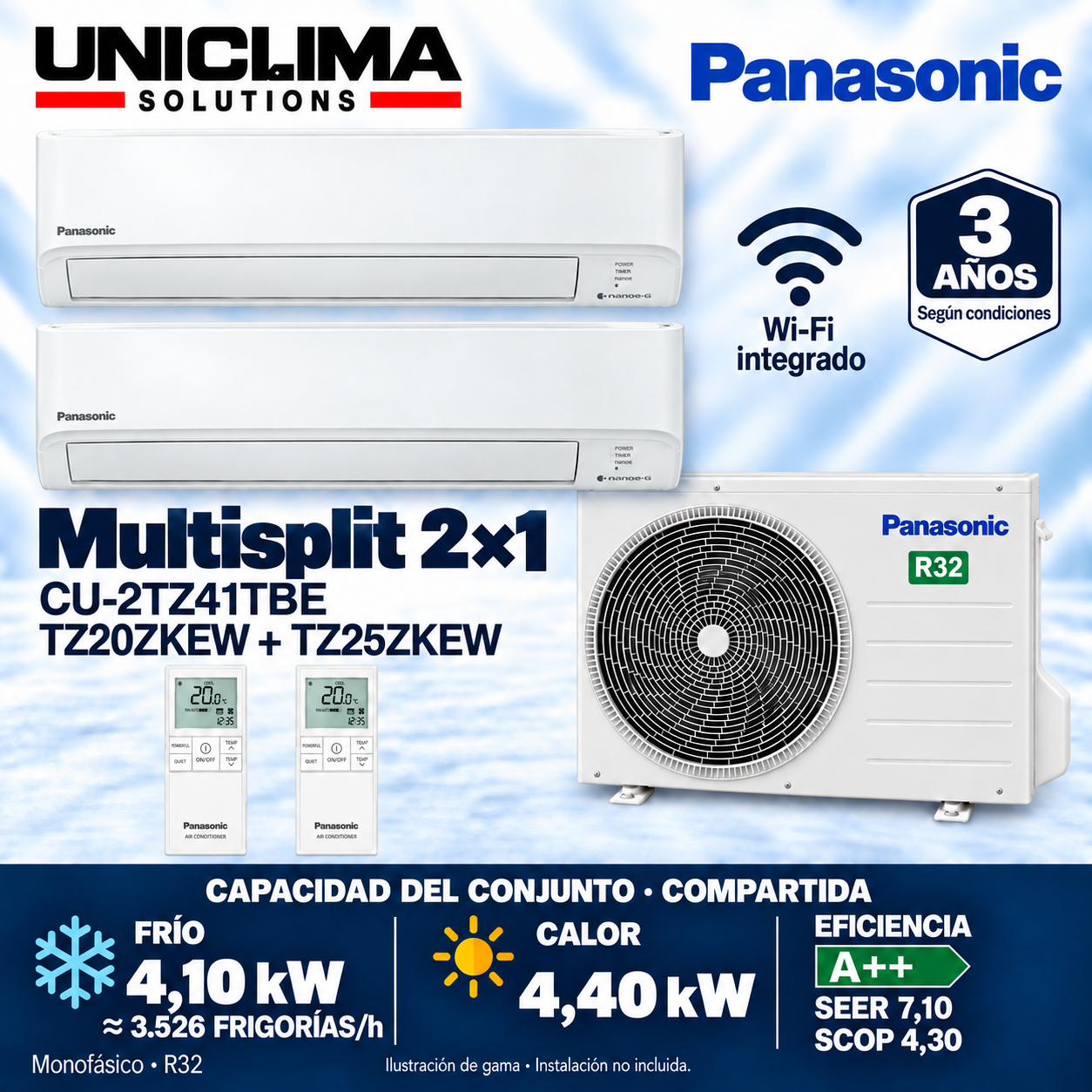 Ensemble Panasonic CU-2TZ41TBE + CS-TZ20ZKEW + CS-TZ25ZKEW, 3.526 FRIGORÍES/h — Uniclima