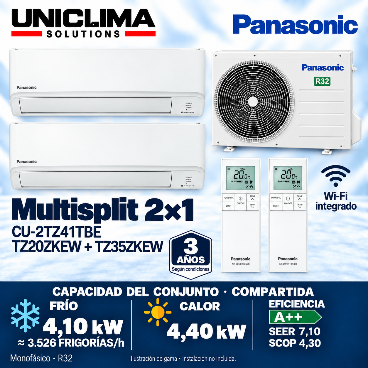 Panasonic CU-2TZ41TBE + CS-TZ20ZKEW + CS-TZ35ZKEW set, 3,526 FRIGORÍAS/h — Uniclima