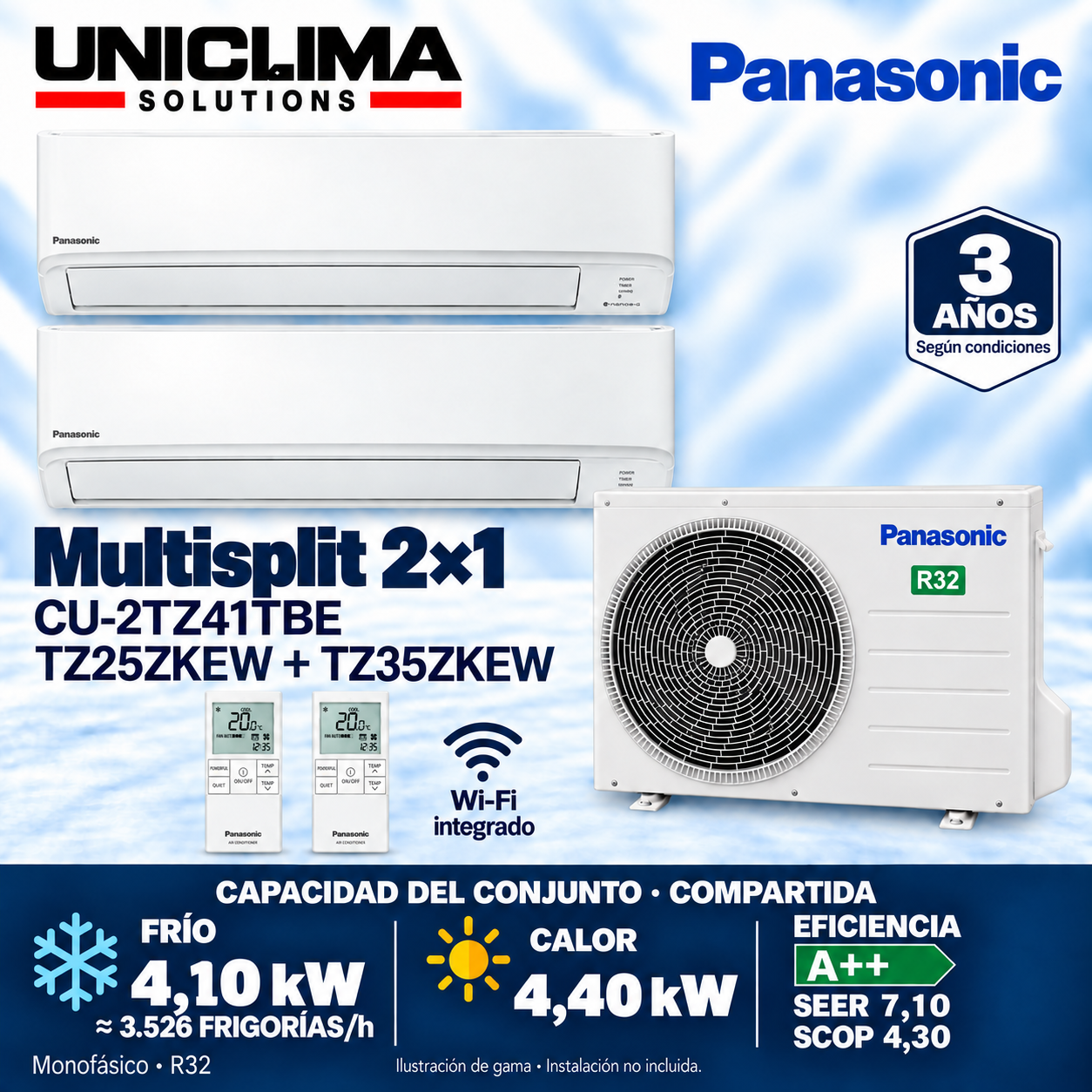 Panasonic CU-2TZ41TBE + CS-TZ25ZKEW + CS-TZ35ZKEW, 3.526 KÜHLEN/h — Uniclima