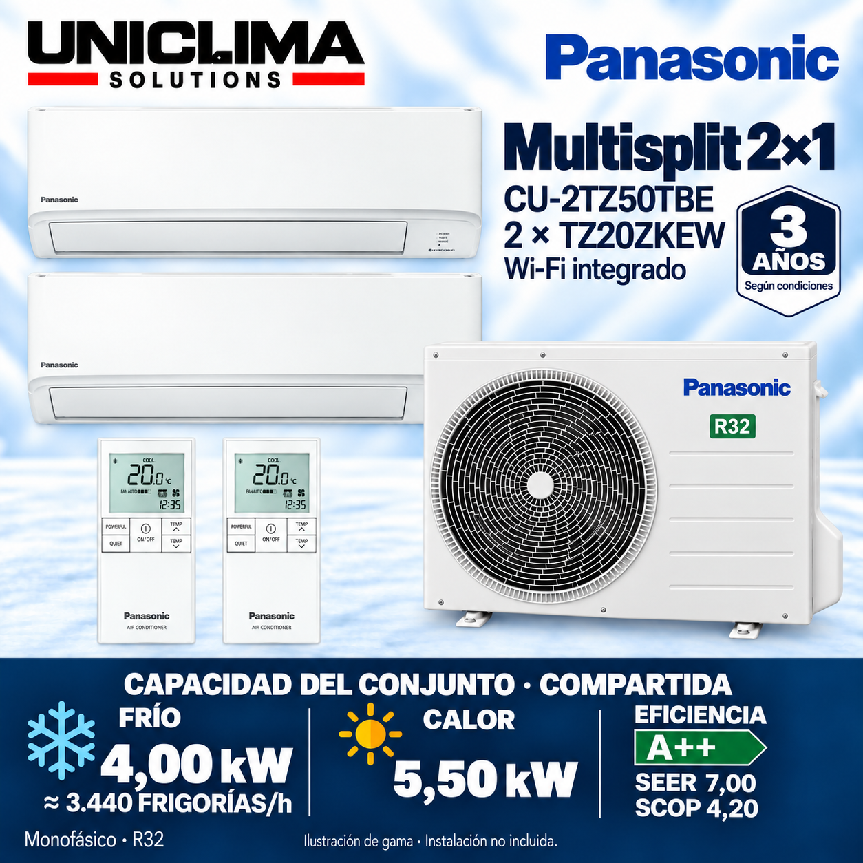Panasonic CU-2TZ50TBE + 2 × CS-TZ20ZKEW set, 3,440 COOLING BTU/h — Uniclima