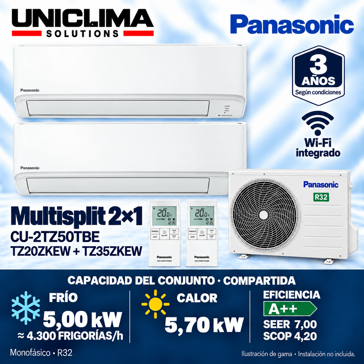 Ensemble Panasonic CU-2TZ50TBE + CS-TZ20ZKEW + CS-TZ35ZKEW, 4.300 FRIGORÍES/h — Uniclima