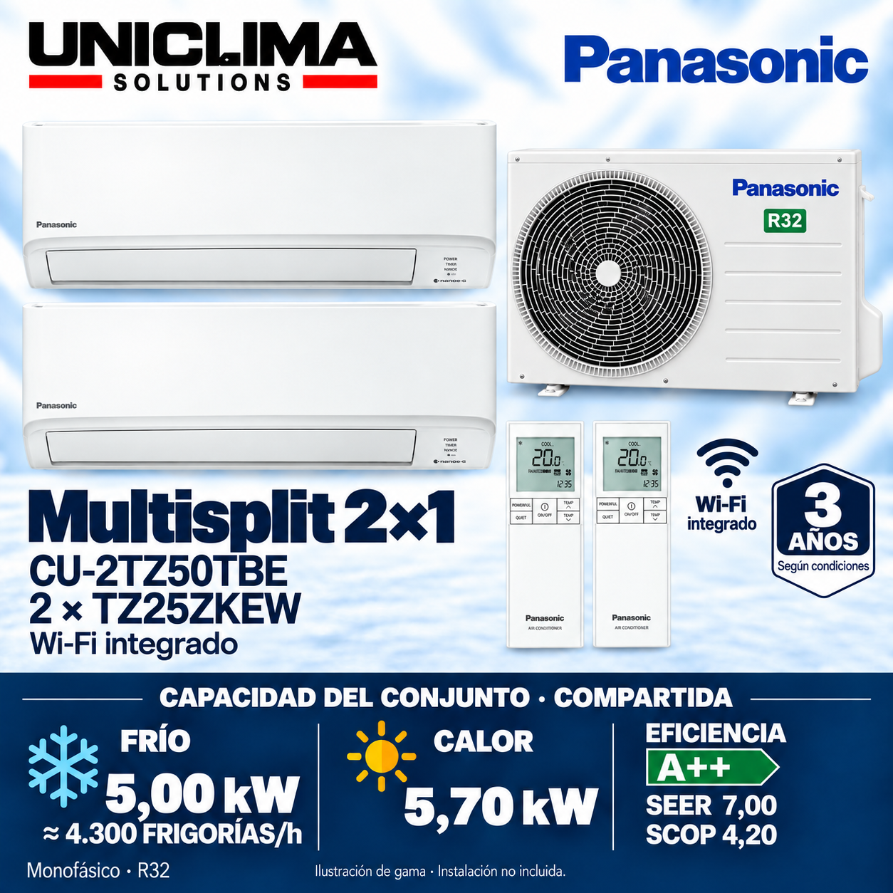 Ensemble Panasonic CU-2TZ50TBE + 2 × CS-TZ25ZKEW, 4.300 FRIGORÍES/h — Uniclima