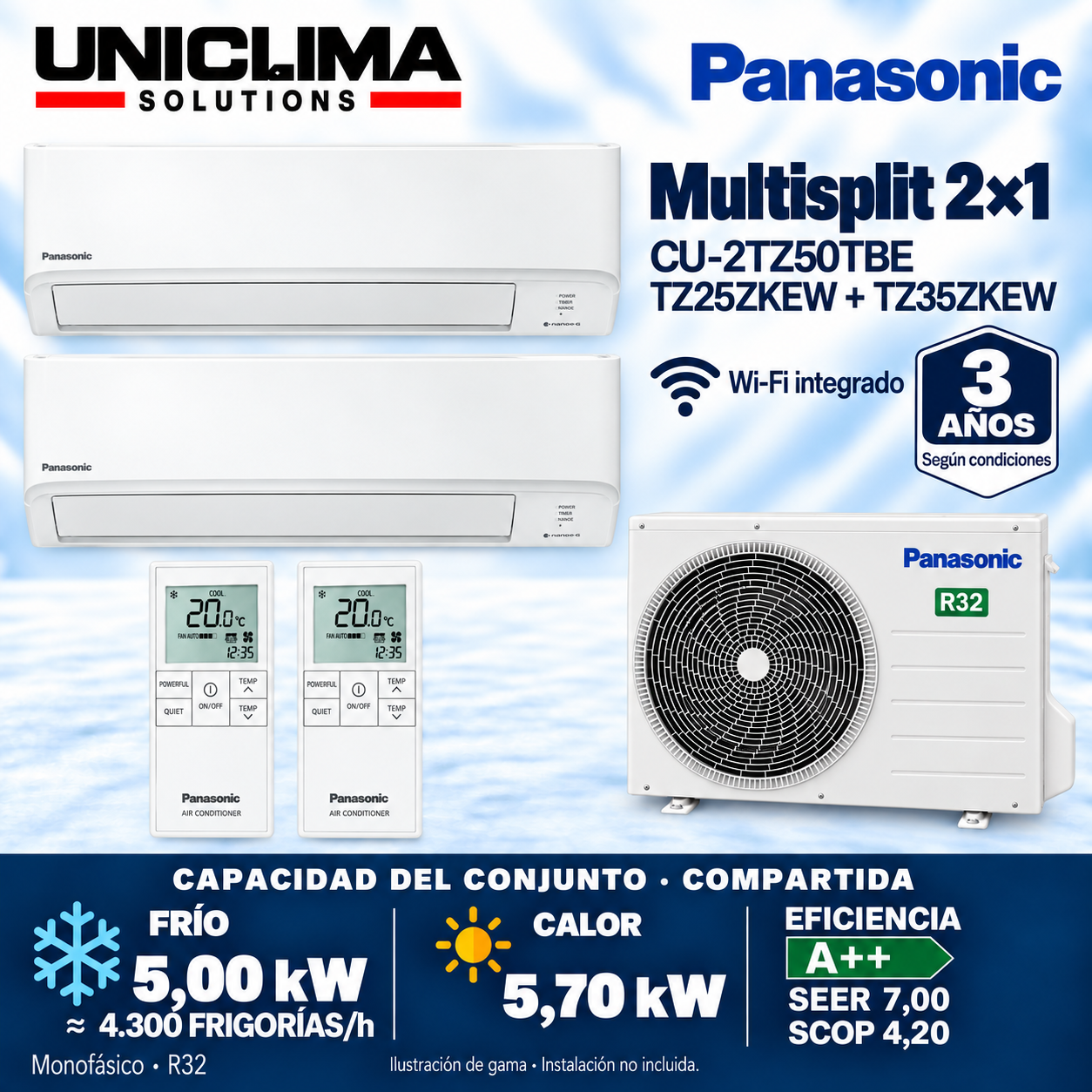 Conjunto Panasonic CU-2TZ50TBE + CS-TZ25ZKEW + CS-TZ35ZKEW, 4.300 FRIGORIE/h — Uniclima