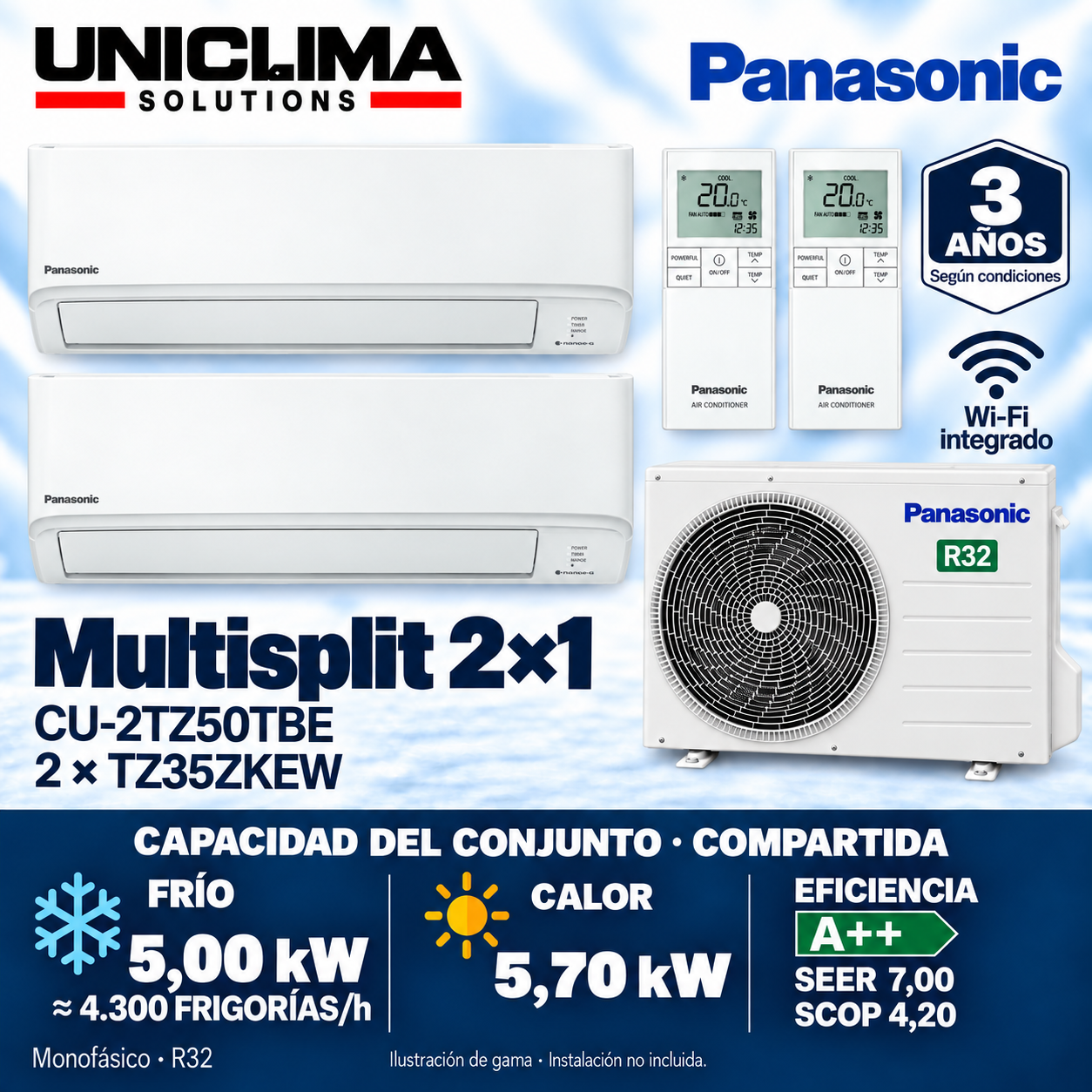 Panasonic CU-2TZ50TBE + 2 × CS-TZ35ZKEW, 4.300 KÜHLEN/h — Uniclima